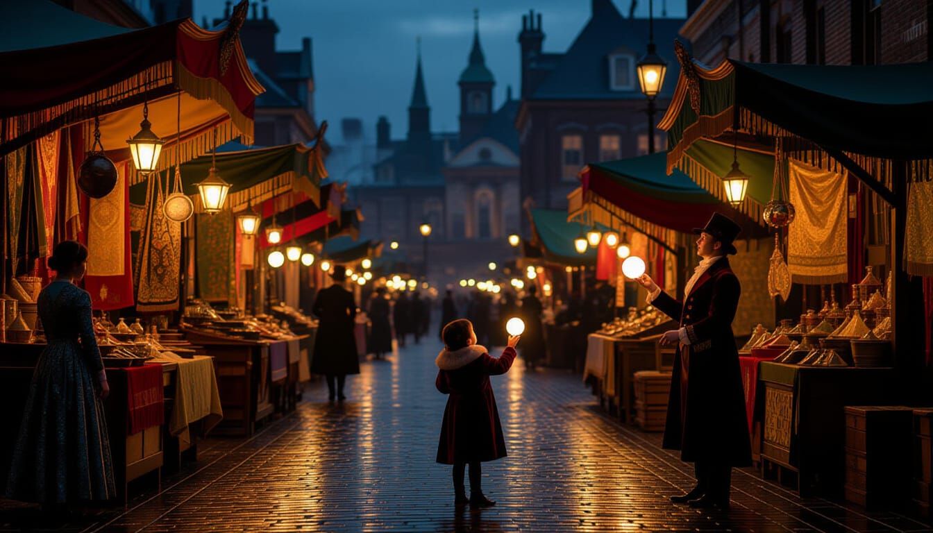 Victorian Twilight Market Scene with Child