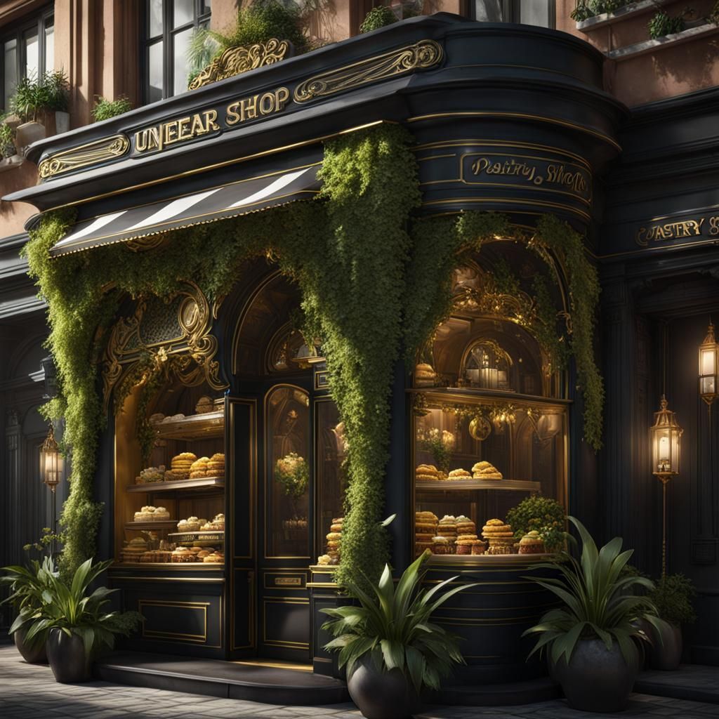 Fantastical Pastry Shop with Gold and Greenery