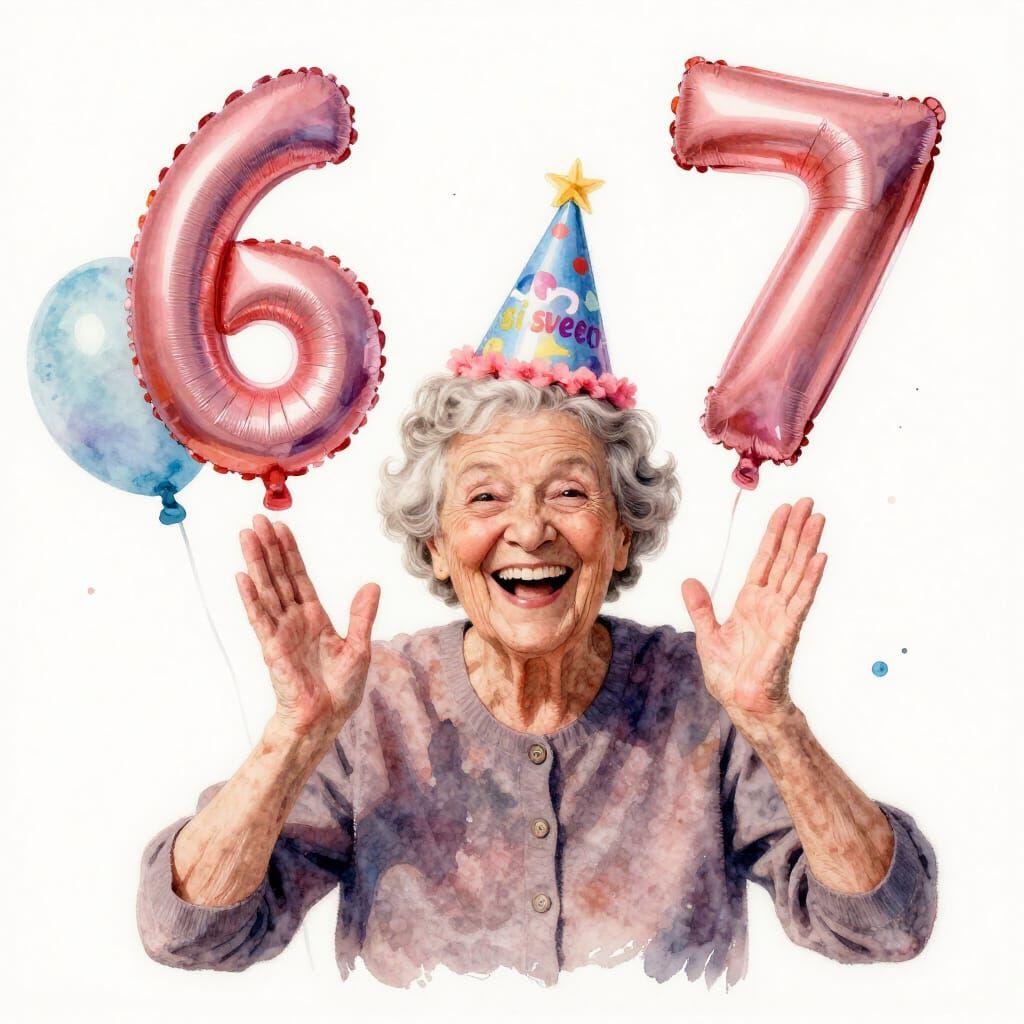 Grandmother Laughing with Birthday Balloons in Watercolour S...