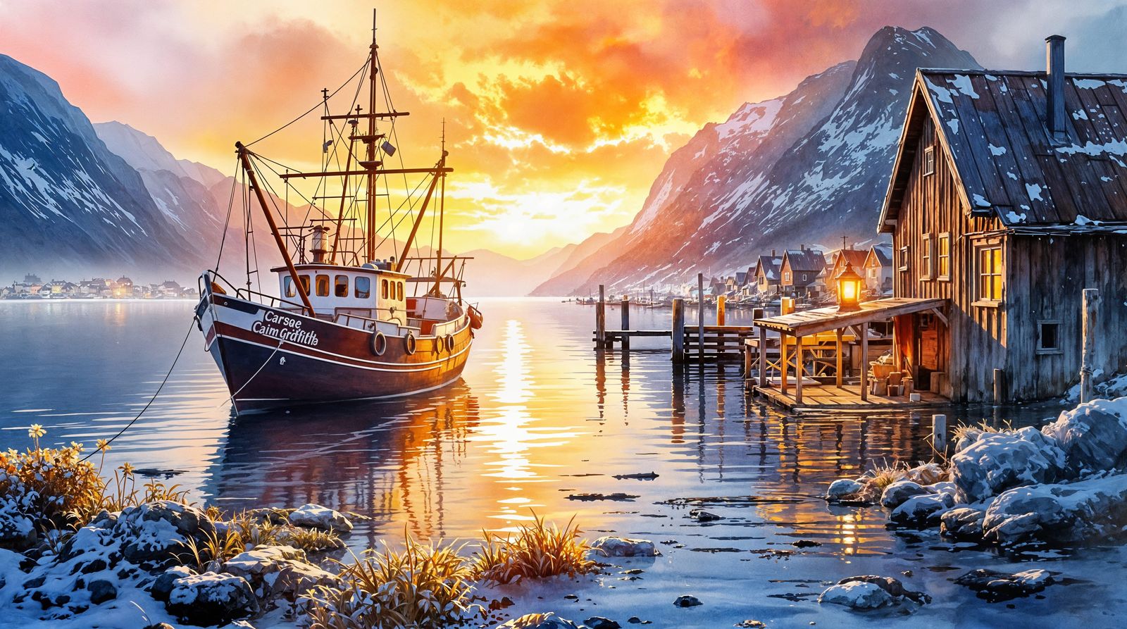 Norwegian Coastal Sunrise in Vibrant Watercolour