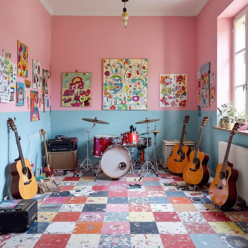 Explosive Creative Chaos in Pastel Tiled Room