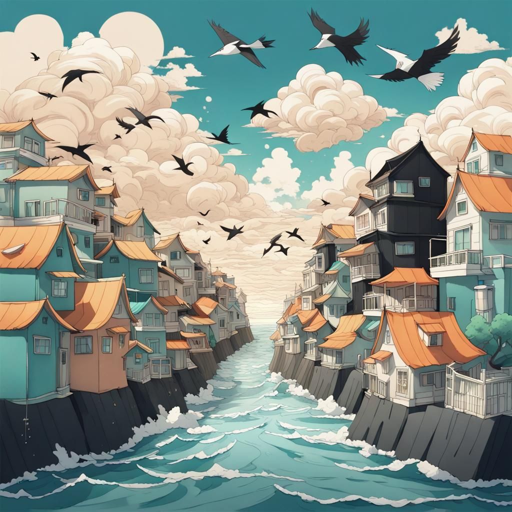 Paper Seaside Town in Anime Style