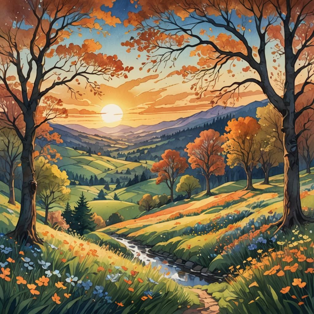 Serene Springscape Sunset, Watercolor-Style Masterpiece