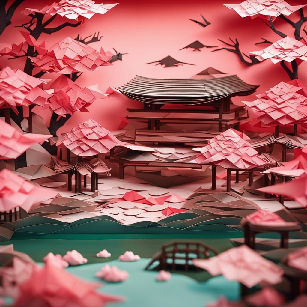 Fantasy Origami Japanese Temple with Cherry Blossoms