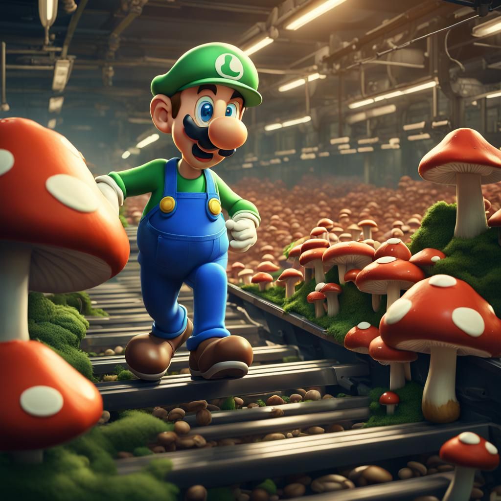 Cartoon Luigi in Mushroom Factory: Matte Painting