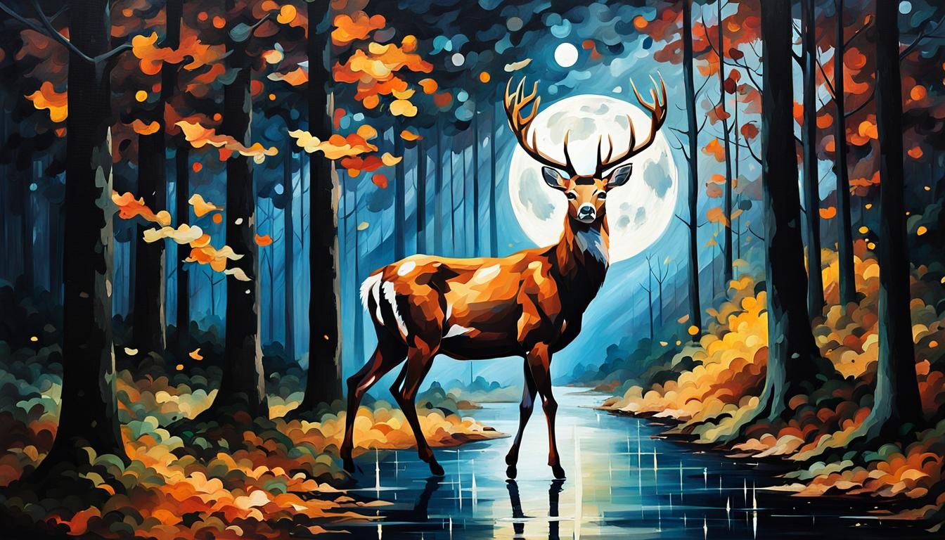 Majestic Deer Crossing Forest Road at Night
