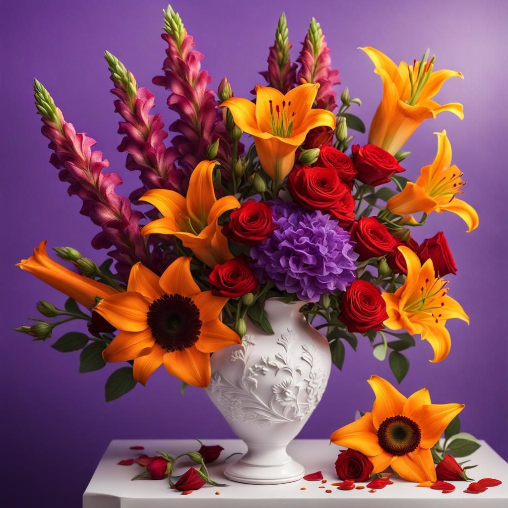 Floral Still Life: Snapdragons, Roses, Sunflowers, Lilies