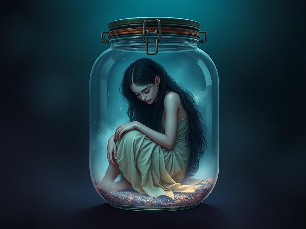 Ethereal Figure in Glass Jar: Astral Dreamscape