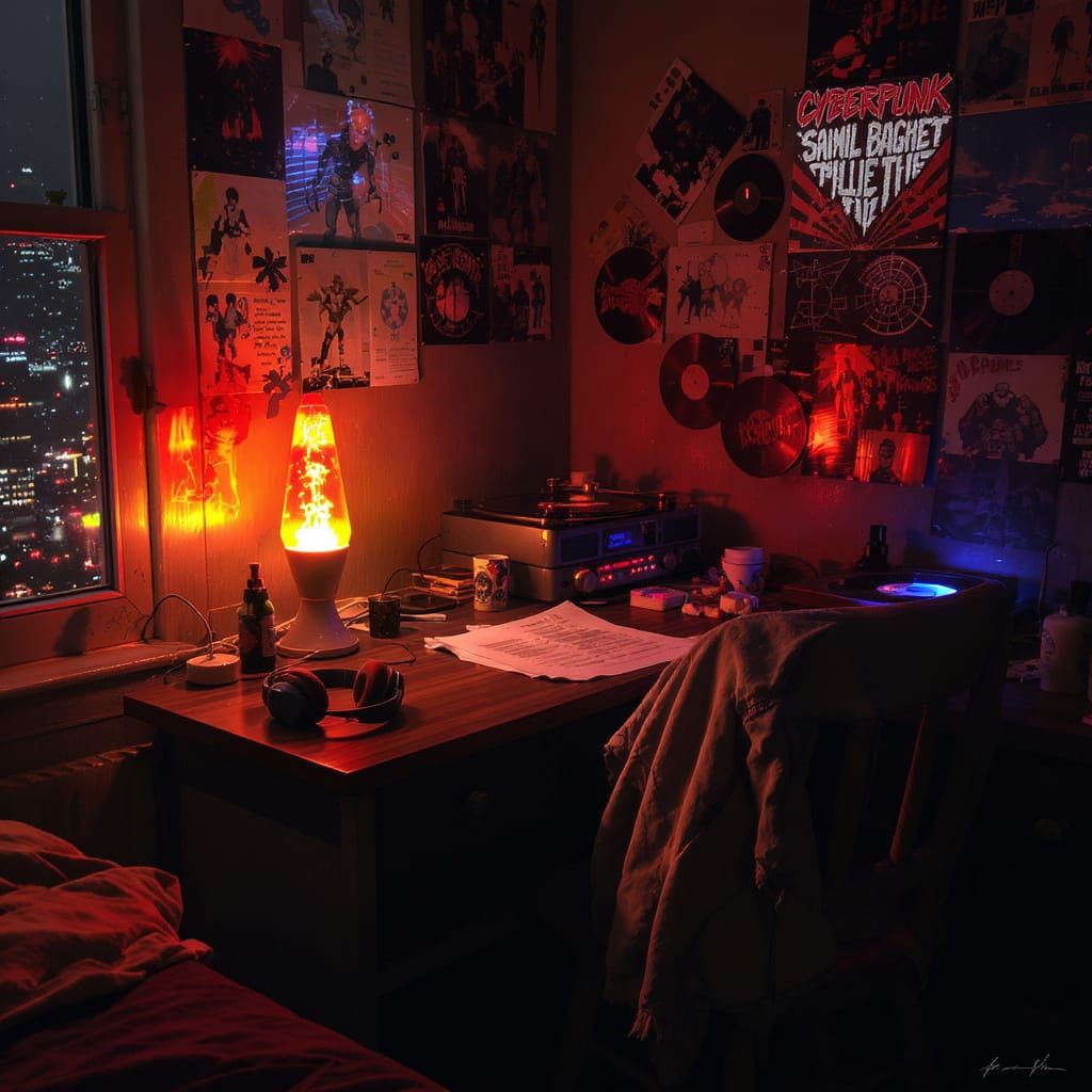 Cyberpunk Boy's Room with Neon Lights and Vinyls