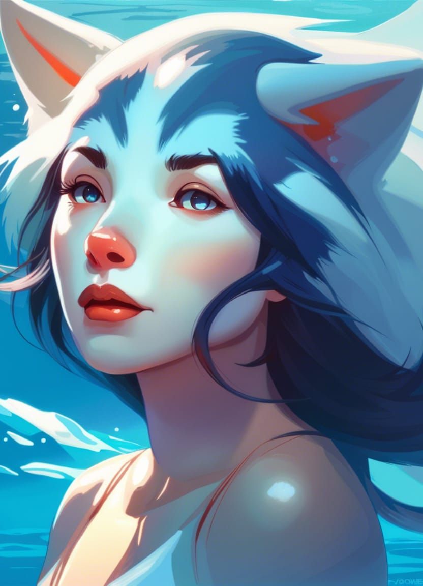 Husky in Arctic Ocean with Dolphins, Art Nouveau Style