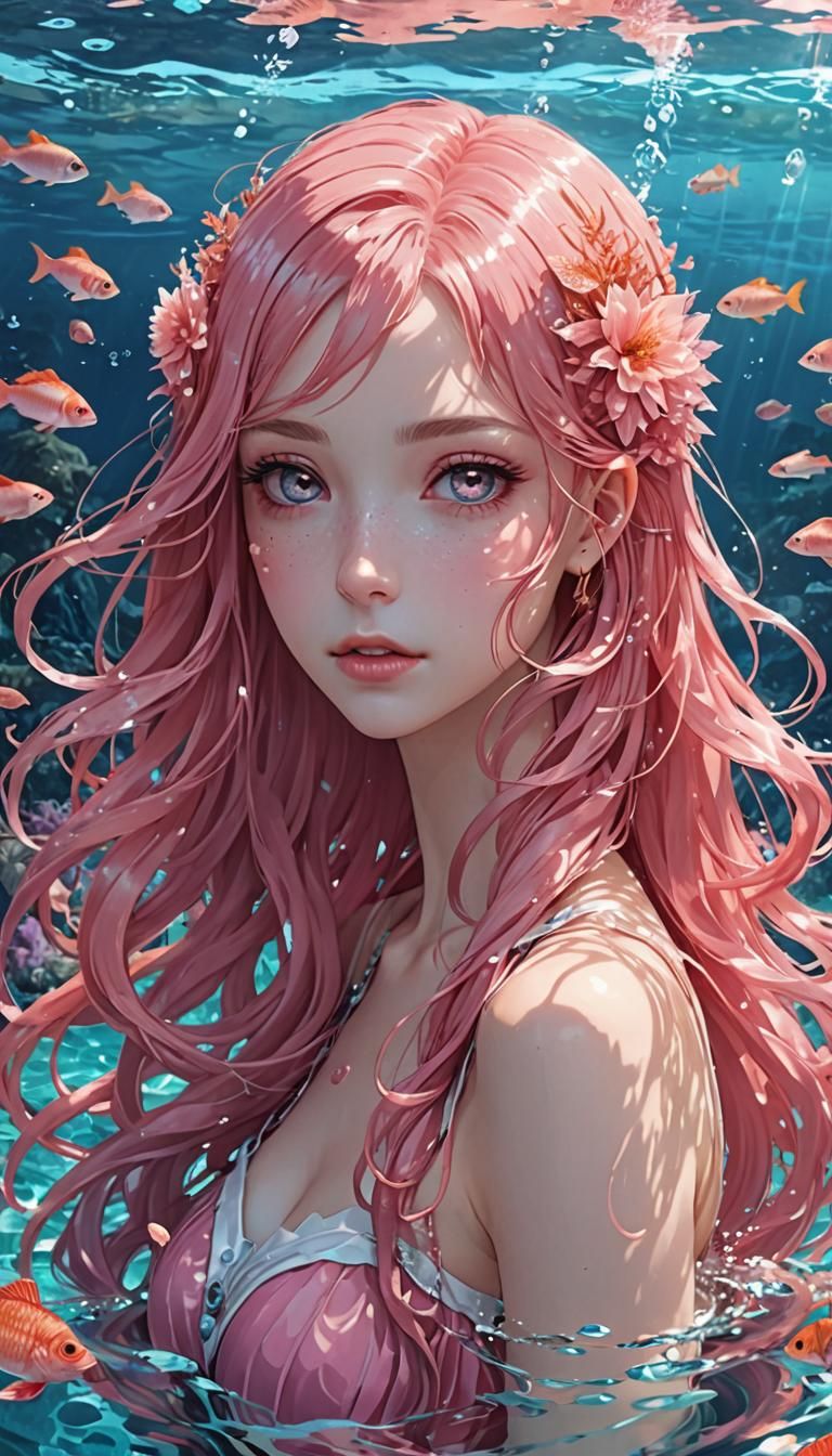 Anime Water Girl with Pink Hair in Ocean