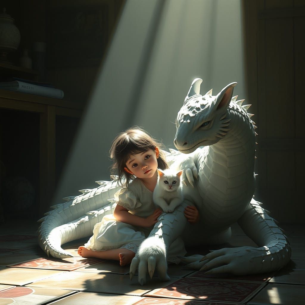 Intricate Fantastical World of a White Cat Girl and Dragon