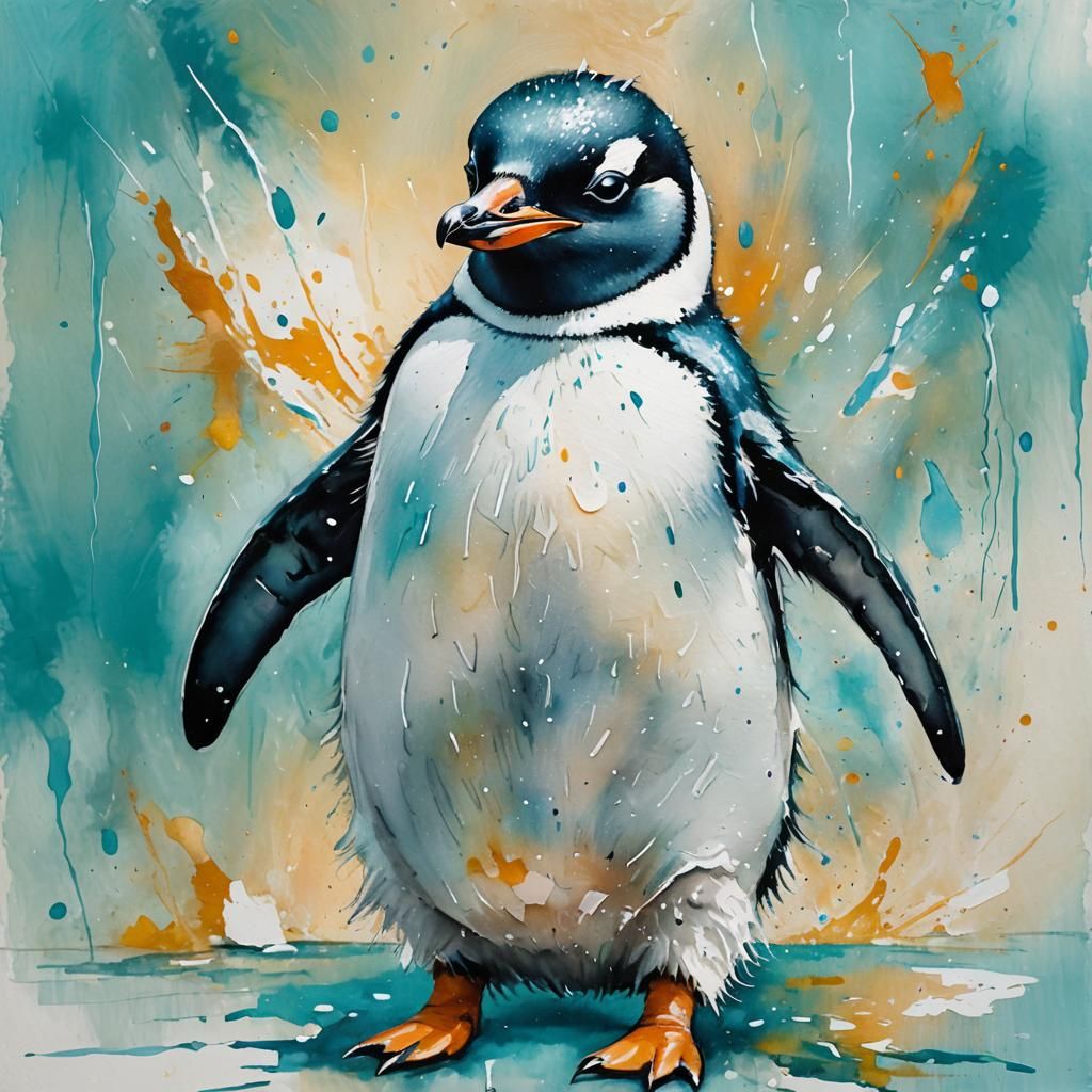 Penguin Portrait in Gouache Impasto Style