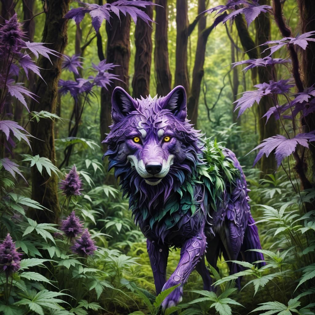 Cannabis Wolf in Dreamscape Forest: Surreal Oil Painting