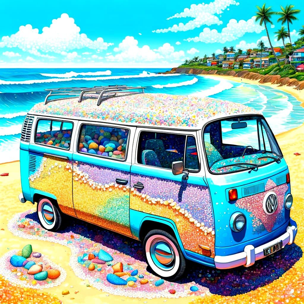 Vibrant Pointillism Masterpiece: Shells and Surfboards on a ...