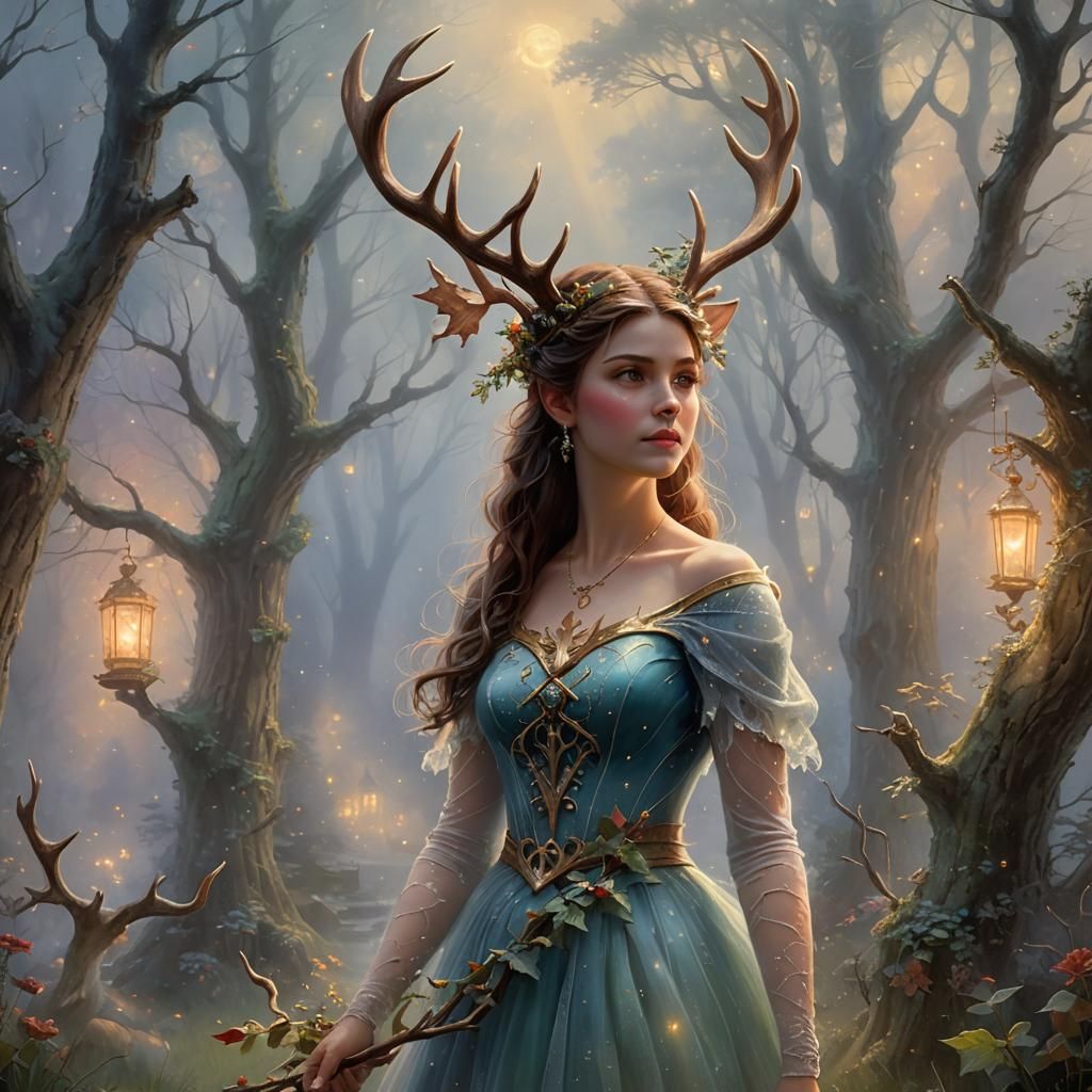Ethereal Girl with Antlers in Fantasy Style