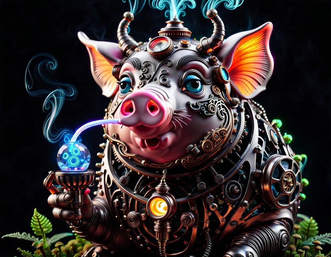 steampunk pig smokes hookah