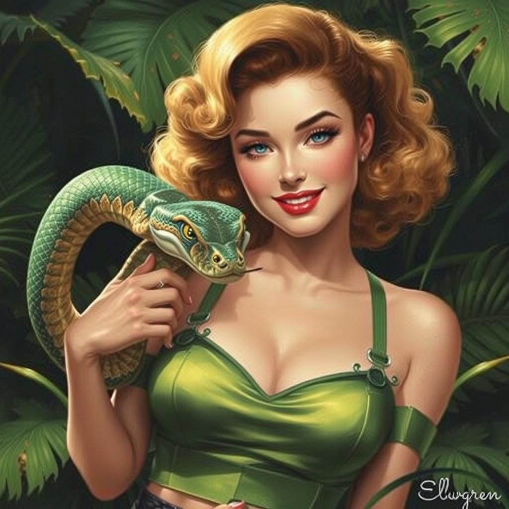 Pin-Up Girl with Smiling Snake in Jungle
