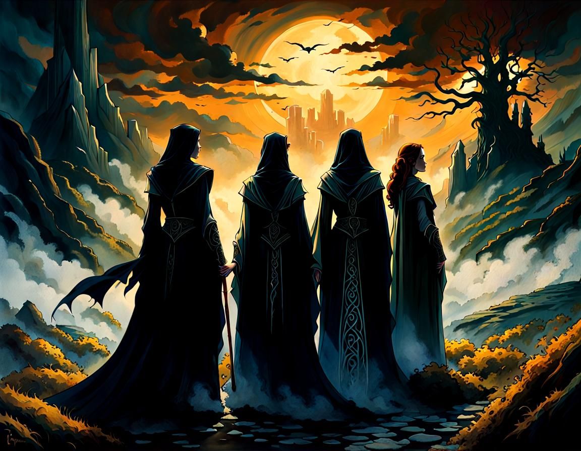 Eerie Mist: Three Figures in Dark Fantasy Art