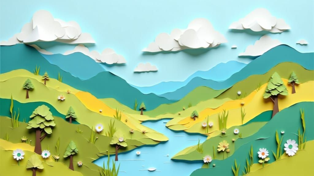 A serene landscape of rolling hills and a winding river, ent...