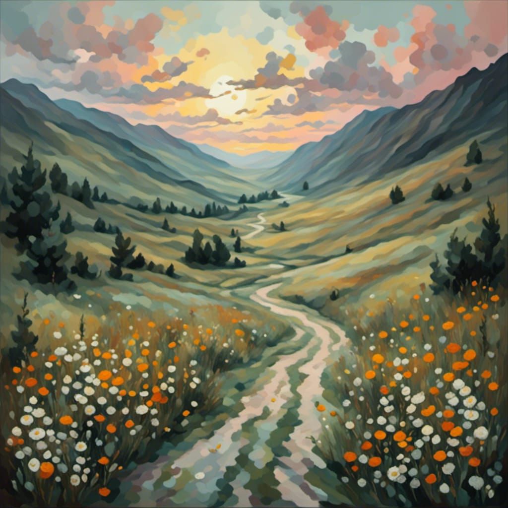 Sunrise Meadow with Wildflowers and Winding Path
