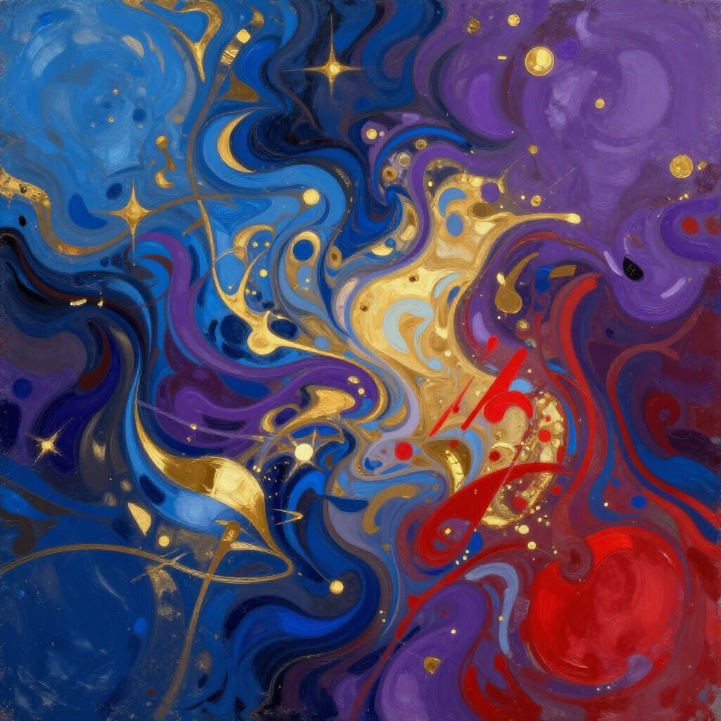 Vibrant Abstract Cosmic Art with Fluid Shapes and Gold