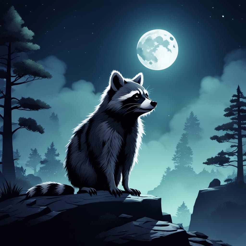 Raccoon Silhouette Gazing at Moon in Anime Style