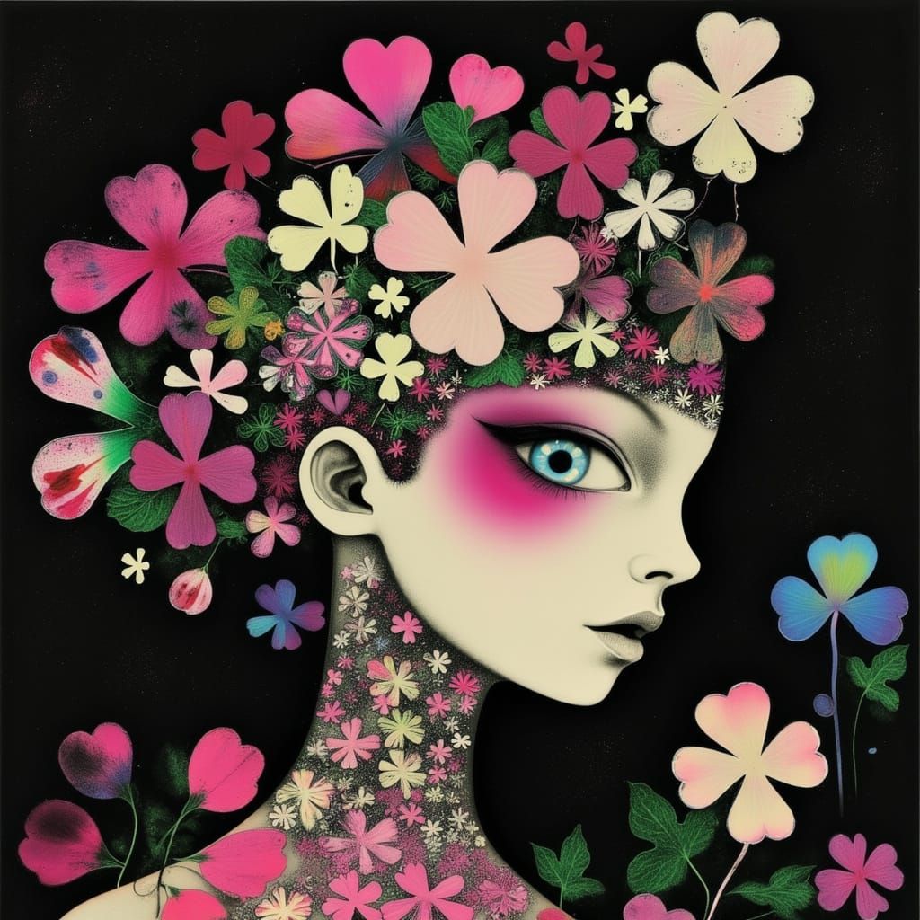 Abstract Biomechanical Woman in Dark World with Clover Flowe...