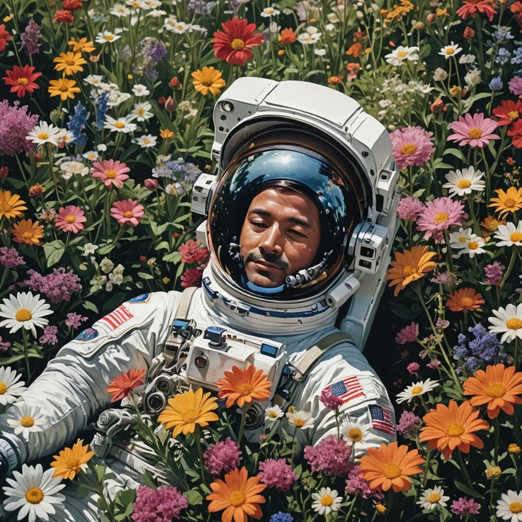 Astronaut in Flower Garden Reflecting the Universe