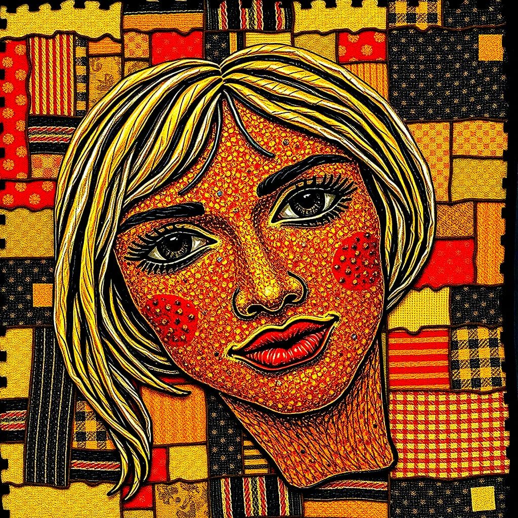 Face Adorned with Luminous Patchwork Jewelry