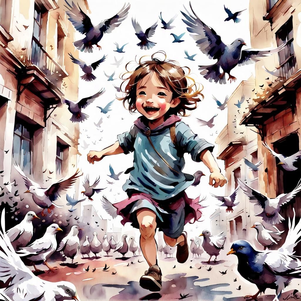 Child and Pigeons in Watercolor Fantasy Scene
