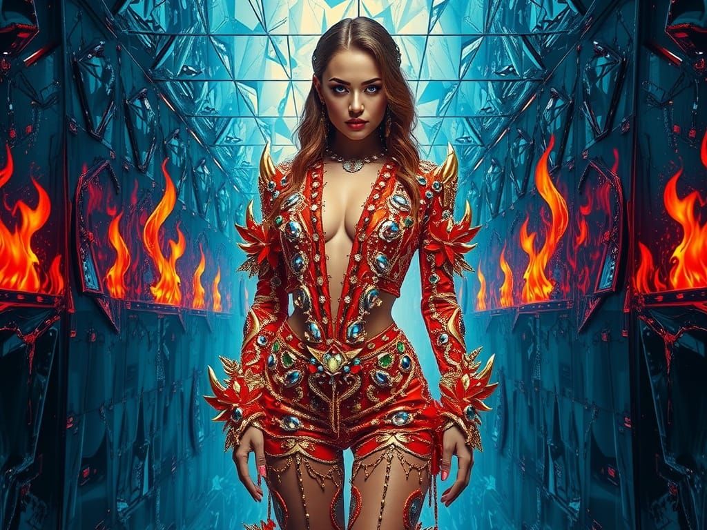 Confident Dystopian Goddess in Crystal Glass Cabin