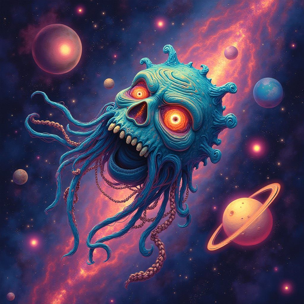 Psychedelic Astral Cosmos with Floating Pepe Meme