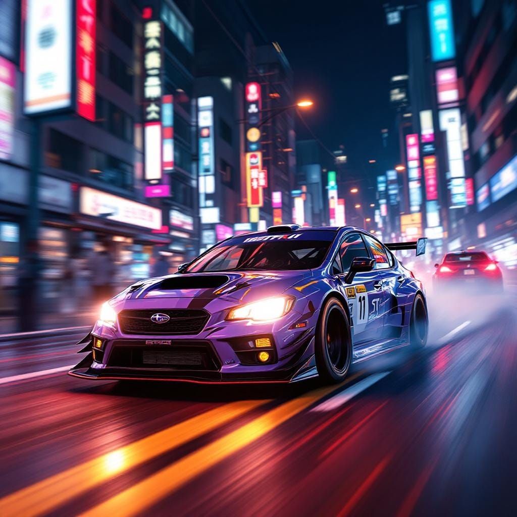 Tokyo Drift: Subaru WRX STI in Cyberpunk Cityscape
