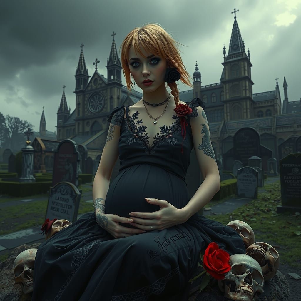 Mysterious Pregnant Woman Sits atop Weathered Rock in Dark G...