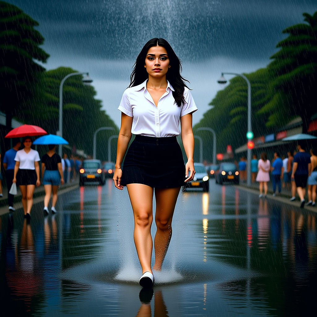 Summer Rain Shower Splashes City Street