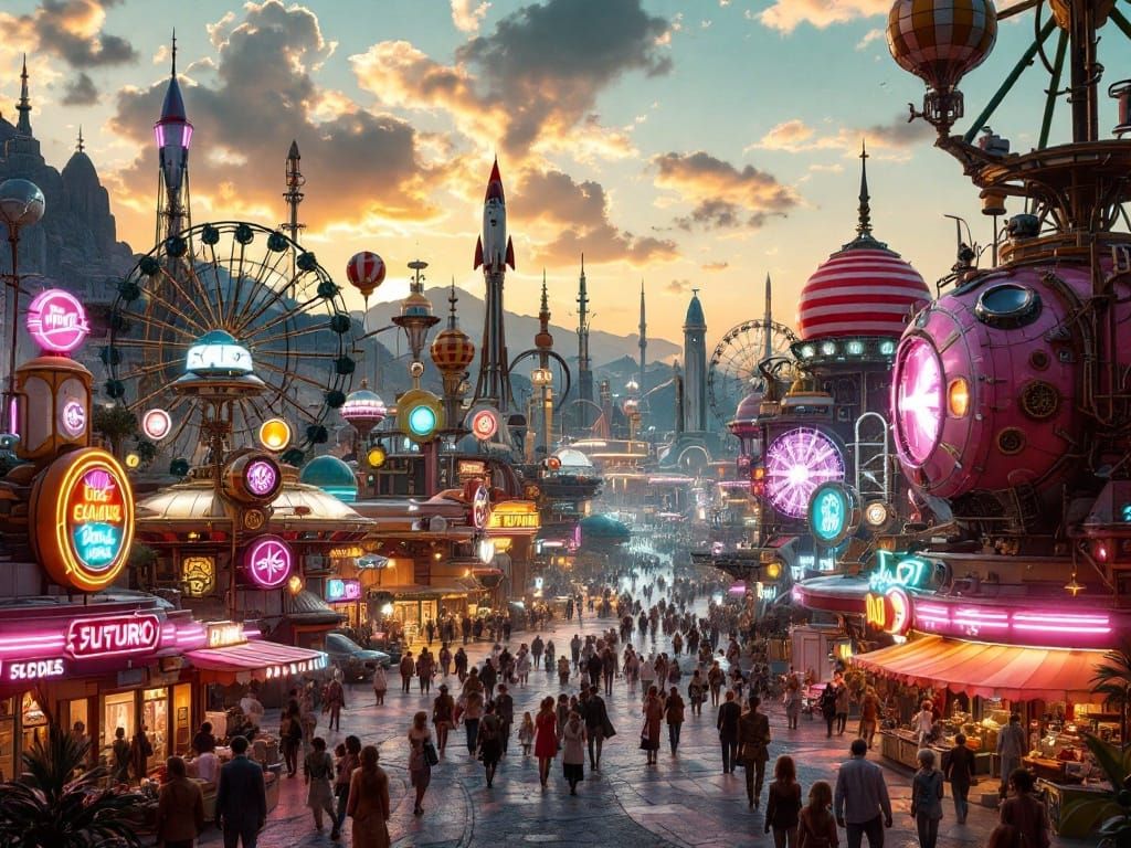 Retrofuturistic Theme Park Shines Under Sunset Skies in a Vi...