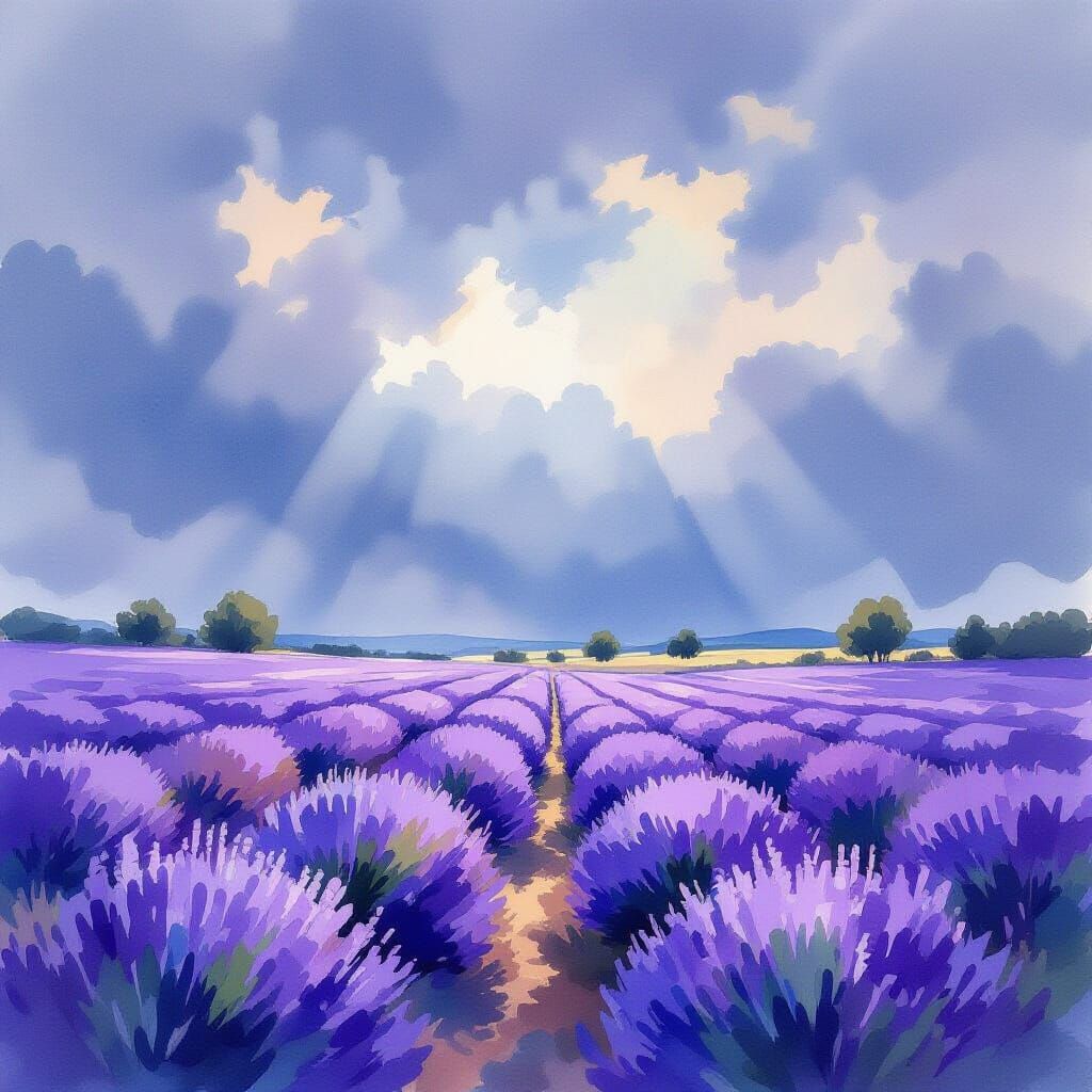 Vibrant Lavender Field Under Stormy Sky