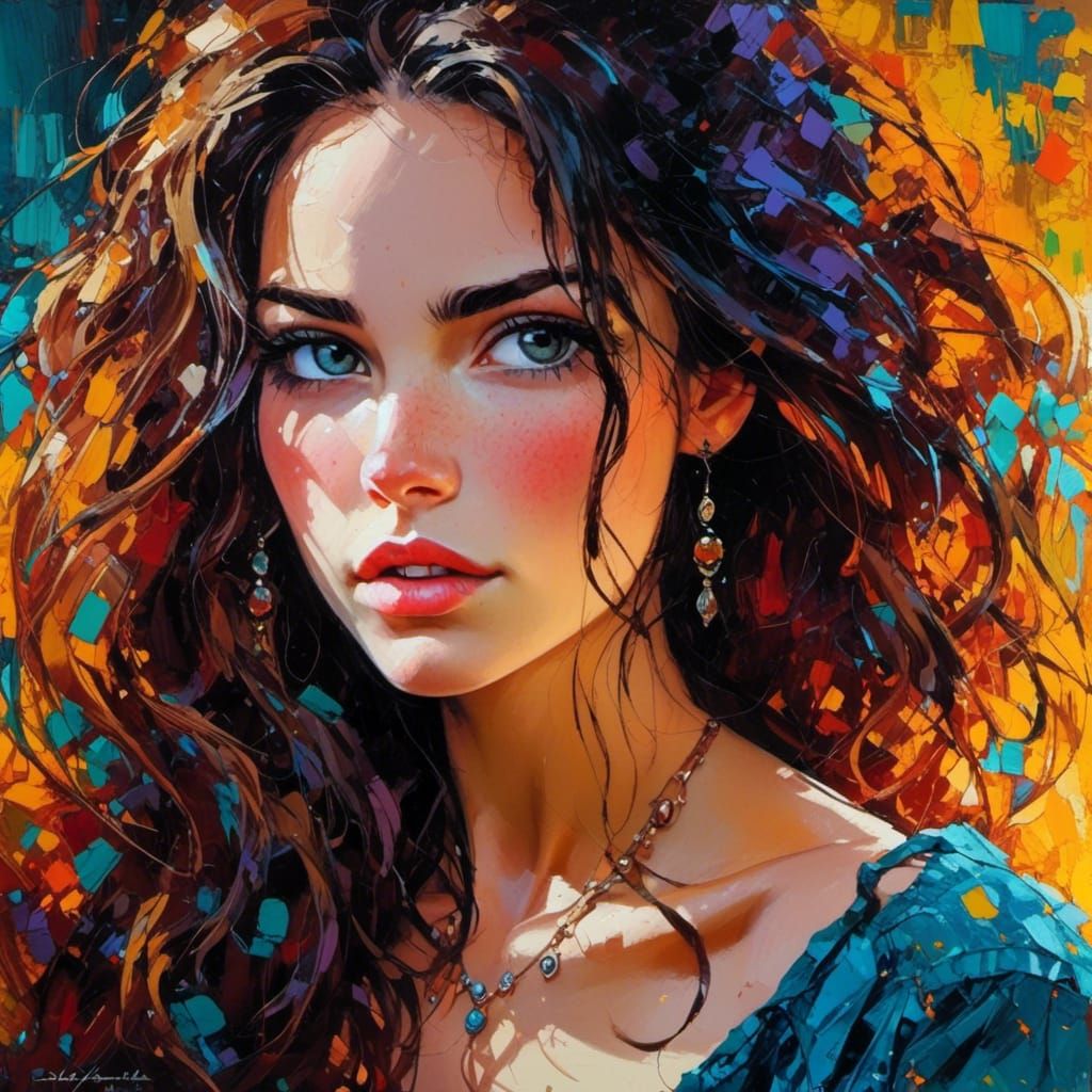 Freckled Brunette in Expressionist Oil Painting