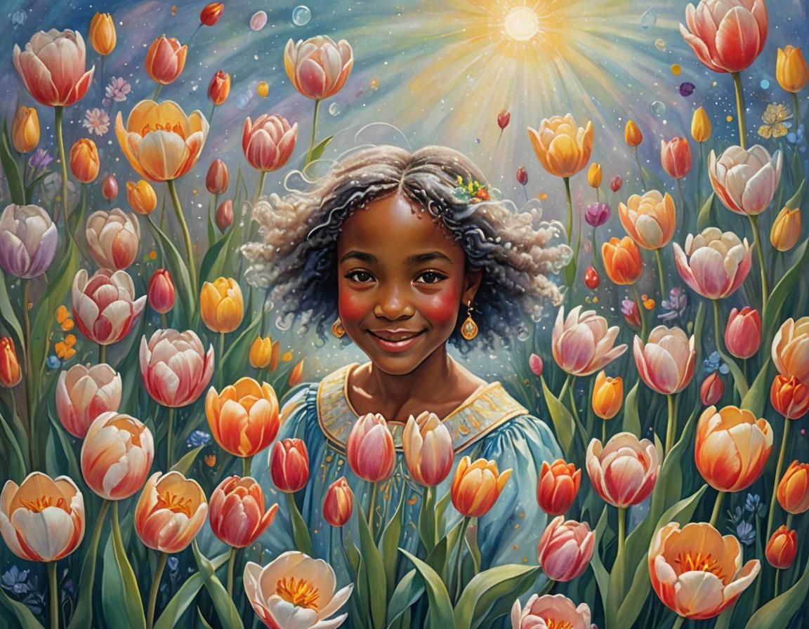 Ethereal Fairy with Tulips in Oil Painting Style