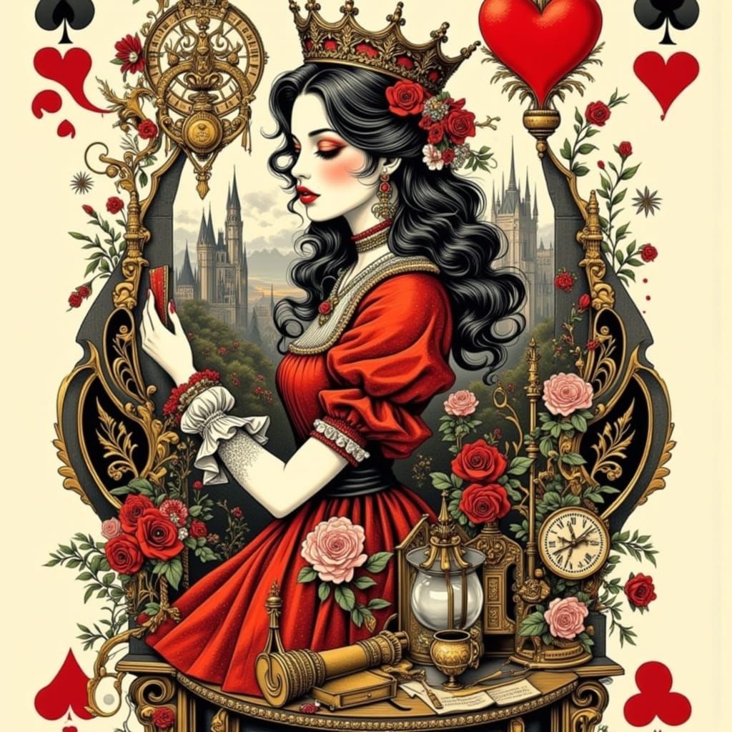 Queen of Hearts Vintage Playing Card with Gothic Castle