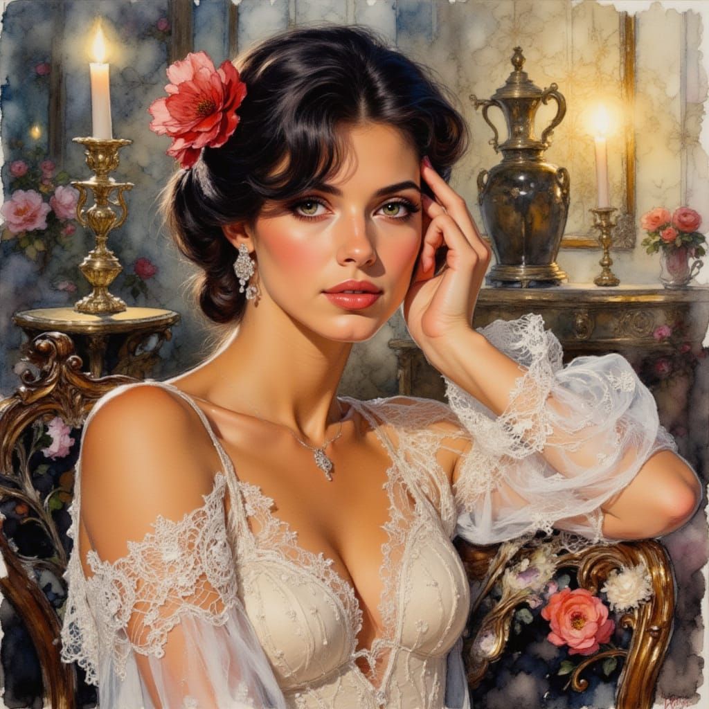 Elegant Woman Applying Makeup at Dawn in Regency Style