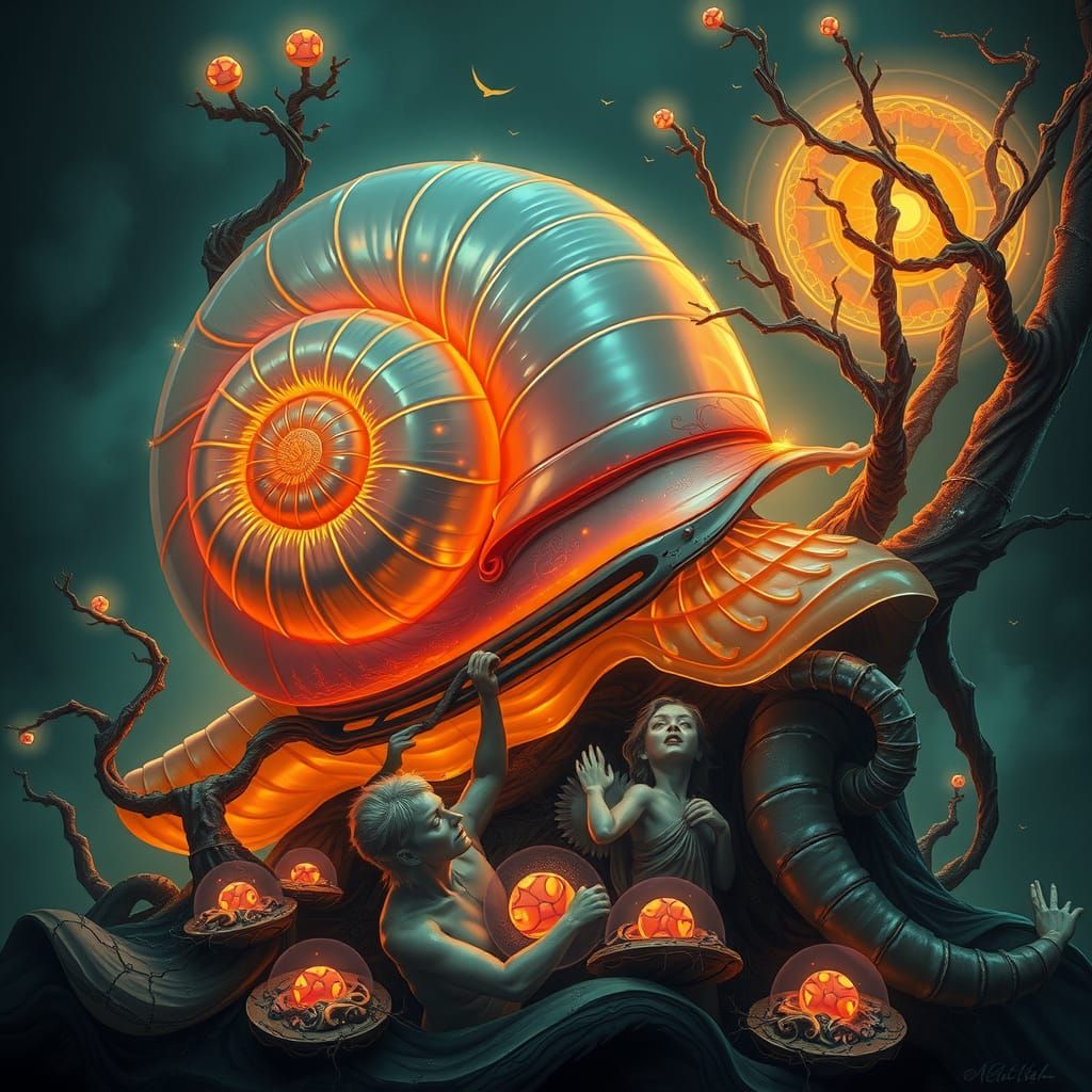 Colossal Snail Devouring People in Grotesque Neon Art