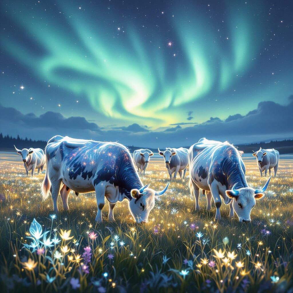 Ethereal Cows Under Cosmic Aurora in Bioluminescent Field