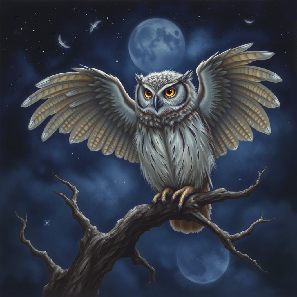 Mystical Owl in Deep Indigo Night