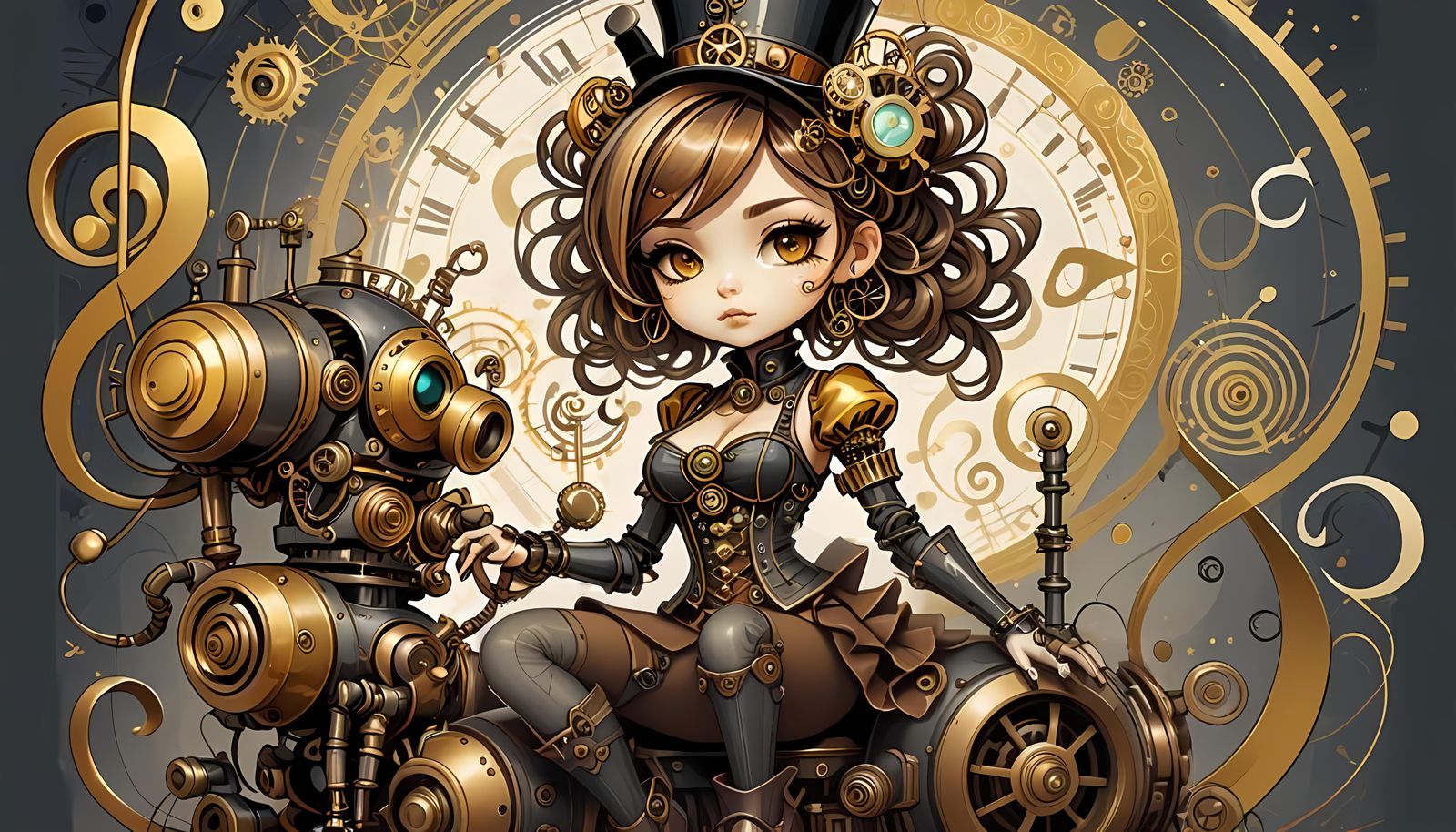 Steampunk Chibi Girl with Robot Pet in Burton Style