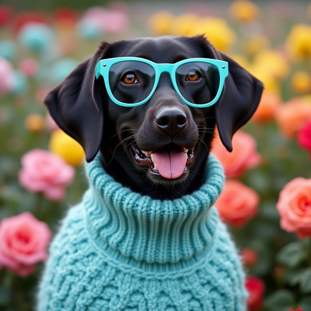 Happy Black Lab in Whimsical Rose Garden