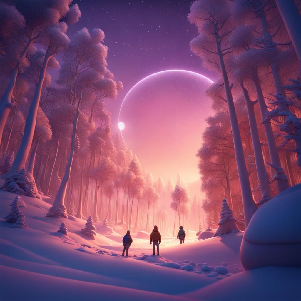 Winter Forest at Night with Space Sky, 3D Digital Art