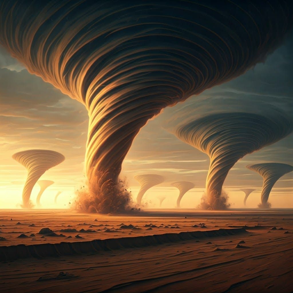 Surreal Desert Tornadoes in Eerie Golden Light