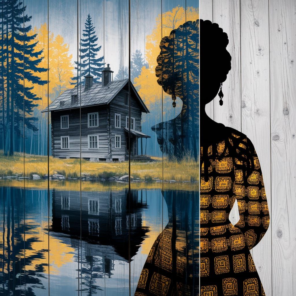 Ukrainian House with Woman in Double Exposure Style